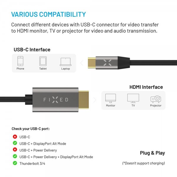 Kabel Video USB-C til HDMI 4K/60Hz 2m
