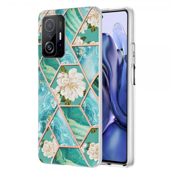Xiaomi 11T/11T Pro Cover Marmormønster Hvid Blomster