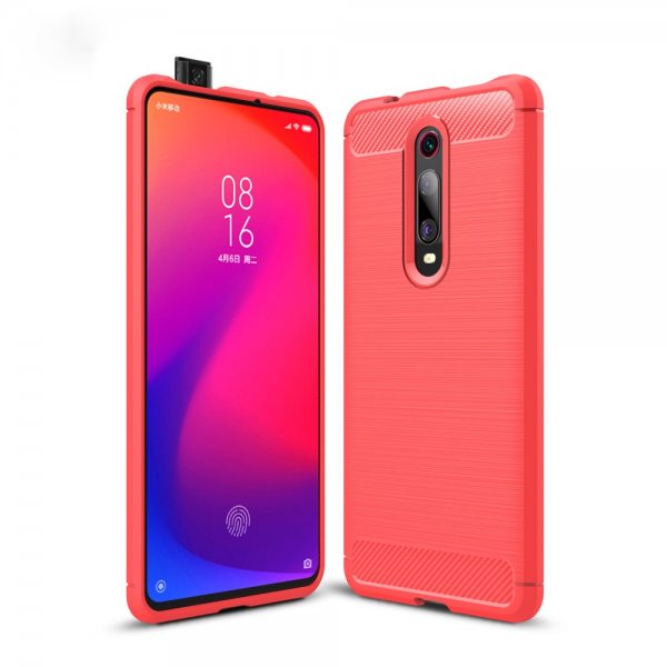 Xiaomi Mi 9T Cover Børstet Kulfibertekstur Rød